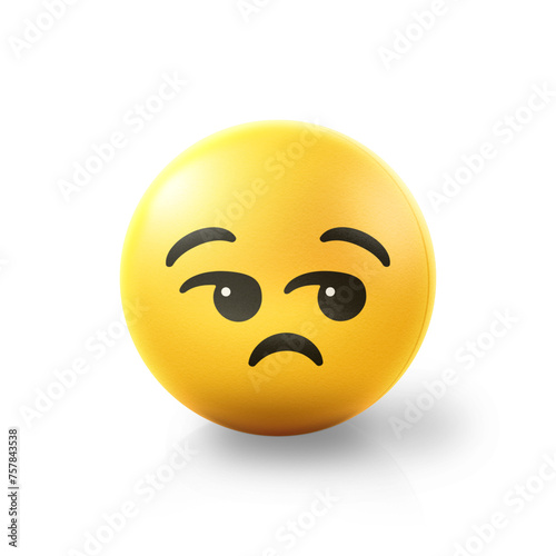 Bored and unamused Emoji stress ball on shiny floor. 3D emoticon isolated.