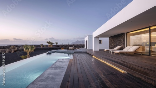 A large house with a pool and a deck. The pool is surrounded by a stone wall and the deck is made of wood. The house is located near the ocean and has a view of the water © Bambalino Studio