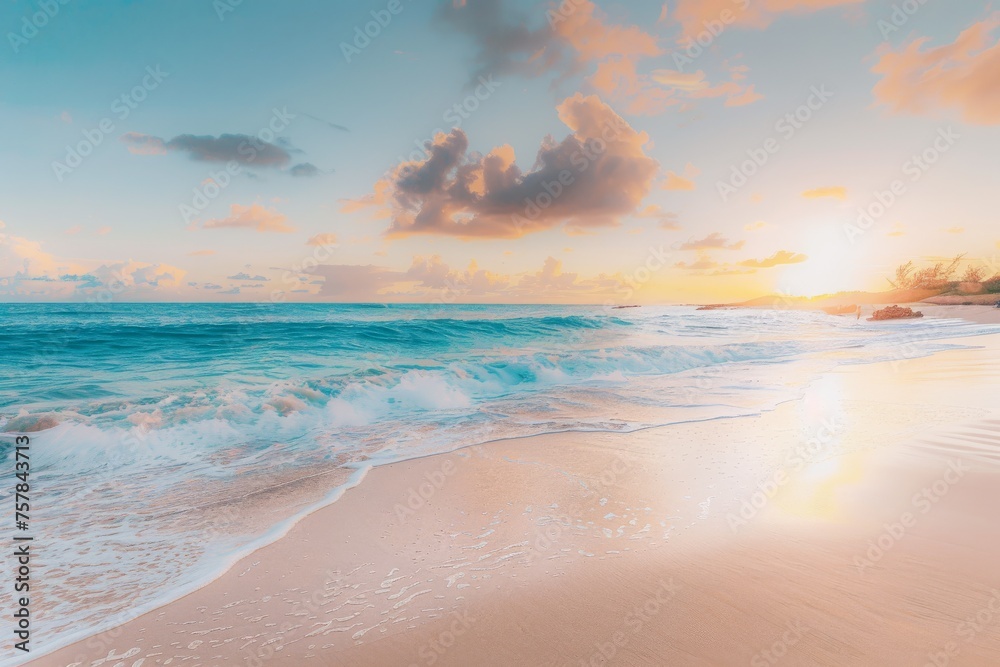 A beautiful beach with a calm ocean and a cloudy sky. The sky is a mix of blue and pink, creating a serene and peaceful atmosphere. The waves are gentle, and the beach is empty