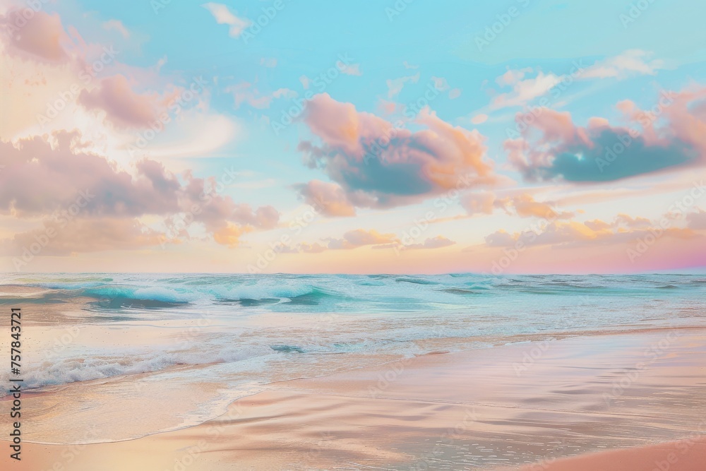 A beautiful beach scene with a calm ocean and a few clouds in the sky. The sky is a mix of pink and blue, creating a serene and peaceful atmosphere