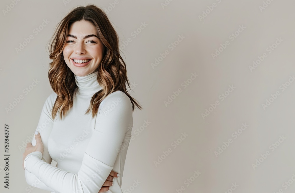A woman is smiling and wearing a white shirt. She is posing for a picture. The image has a happy and friendly mood. White background A woman is smiling and wearing a white shirt. She is posing for a picture. The image has a happy and friendly mood. White background
