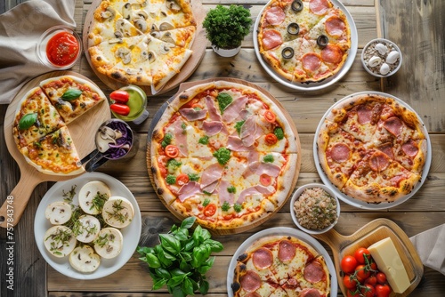 A table full of different types of pizza and other food items. Scene is inviting and appetizing