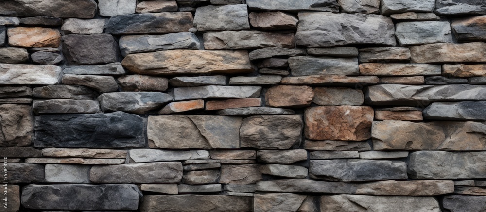 A detailed shot of a composite stone wall showcasing various types of rocks used as building material. The brickwork consists of rectangular pieces of different natural materials