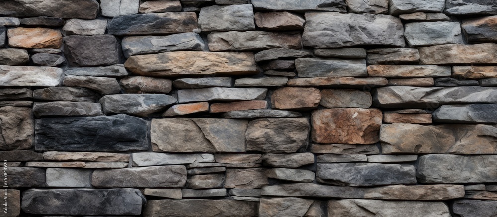A detailed shot of a composite stone wall showcasing various types of rocks used as building material. The brickwork consists of rectangular pieces of different natural materials A detailed shot of a composite stone wall showcasing various types of rocks used as building material. The brickwork consists of rectangular pieces of different natural materials