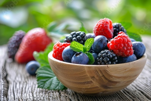 A bowl of berries and mint leaves on a wooden table. The bowl is filled with blueberries, raspberries, and strawberries