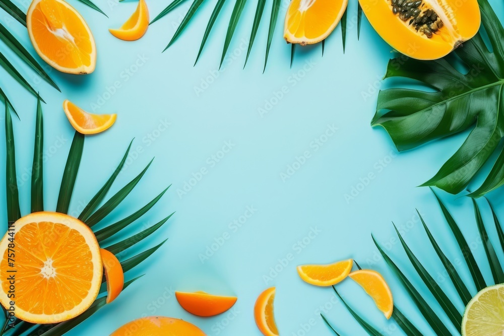 A blue background with a bunch of fruit including oranges and limes. The fruit is arranged in a circle with the oranges in the center and the limes on the left and right