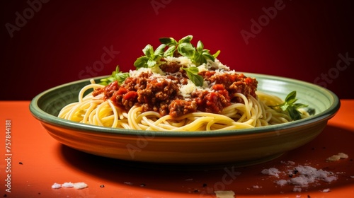 Spaghetti Bolognese served on a red plate against a yellow background