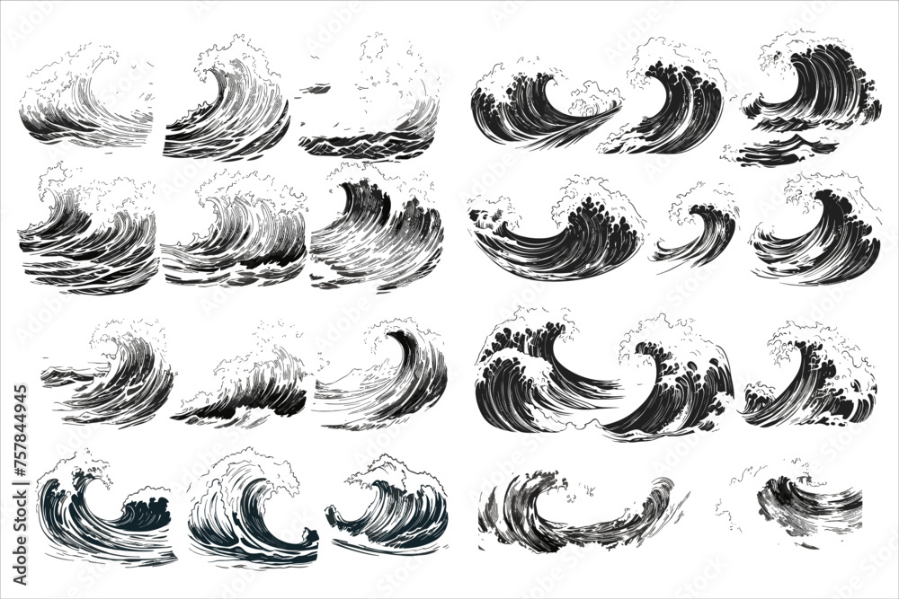 sea wave sketch water splash silhouette vector,  sea wave silhouette bundle, silhouette sea wave clipart,   - obrazy, fototapety, plakaty 