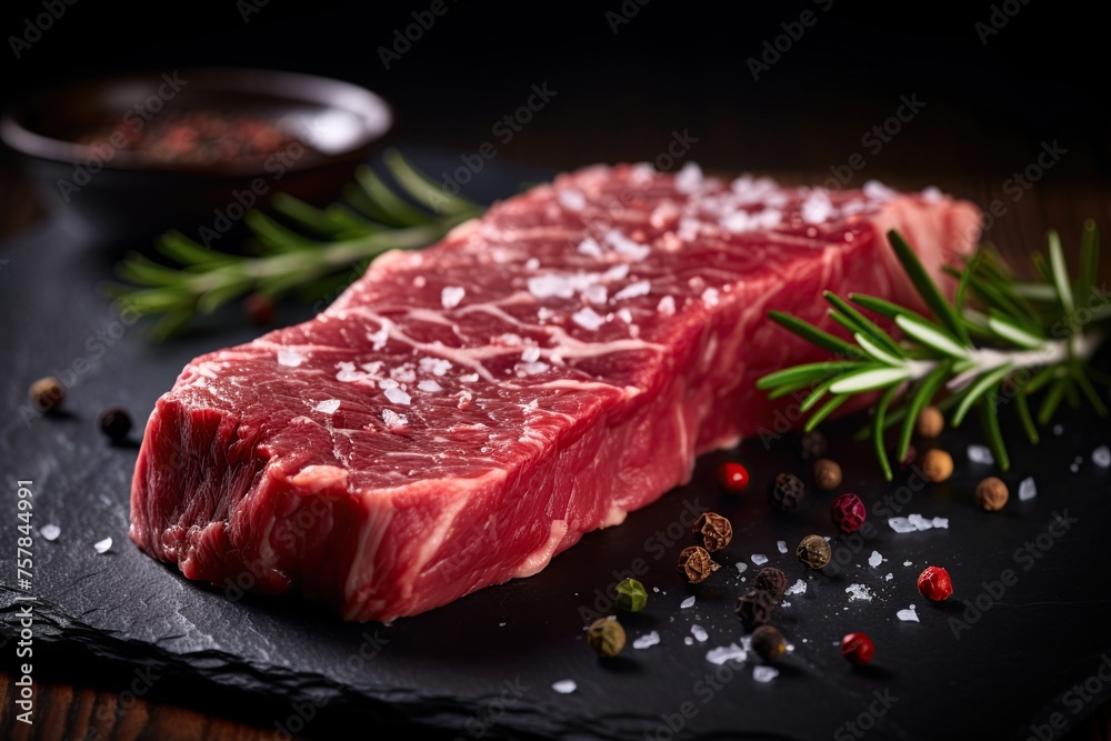 Raw steak seasoned with salt, pepper and fresh hearbs in the rustic kitchen. Ai Generative