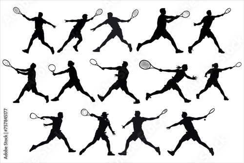 tennis player silhouette bundle with various poses,  tennis player silhouette, tennis silhouette vector,