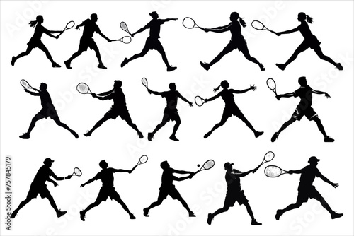 tennis player silhouette bundle with various poses, tennis player silhouette, tennis silhouette vector,