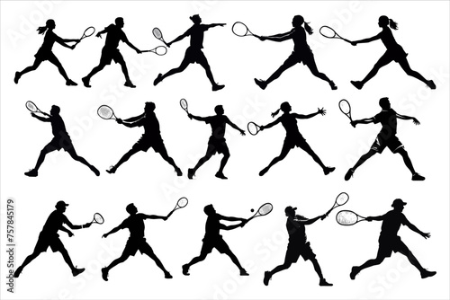 tennis player silhouette bundle with various poses,  tennis player silhouette, tennis silhouette vector,