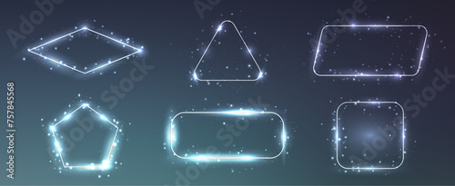 Set of six neon frames with shining effects and sparkles