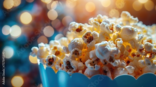 Popcorn in the machine against the lights in the cinema background, movies and entertainment concept