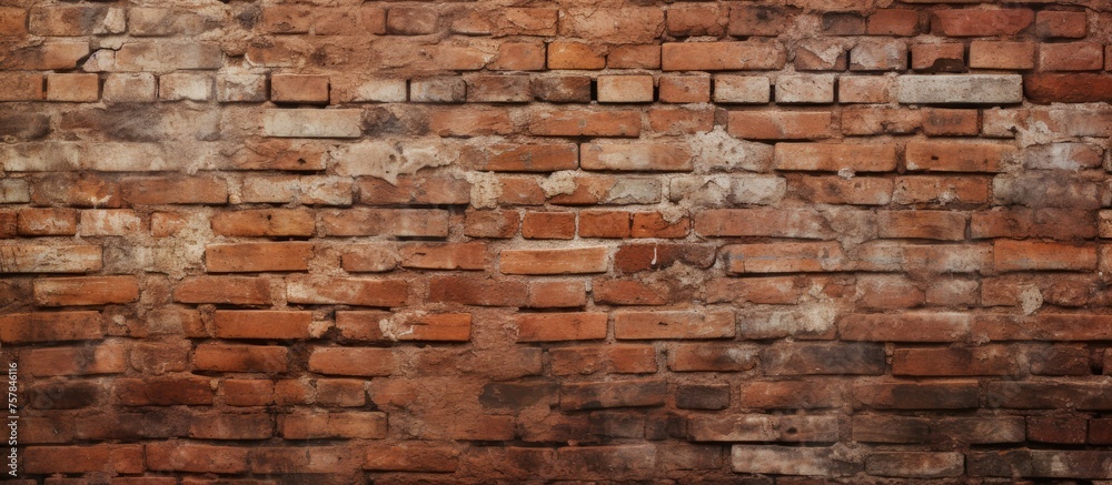 A detailed shot of a weathered red brick wall, showcasing the intricate brickwork and composite material used in this historic building. The brown hues blend beautifully with the wood accents nearby A detailed shot of a weathered red brick wall, showcasing the intricate brickwork and composite material used in this historic building. The brown hues blend beautifully with the wood accents nearby