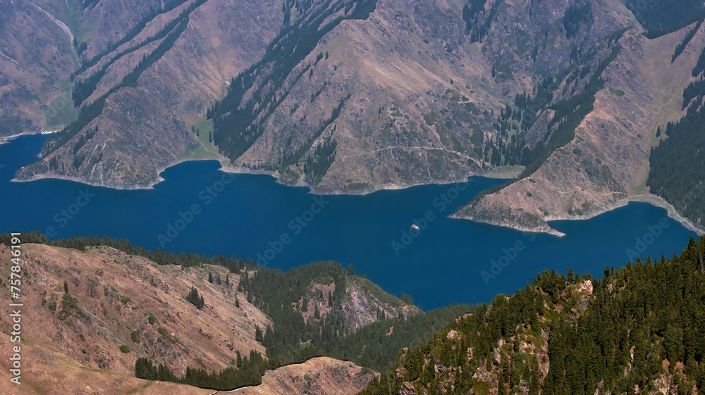 Fototapeta premium High angle view of Heaven Lake, Tianchi Geopark, Tianshan Mountains, Xinjiang China.