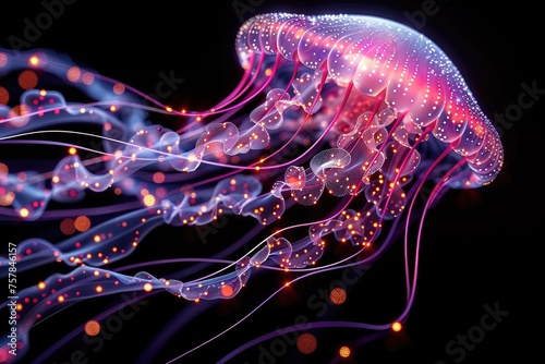 The marine jellyfish glows with luminescent against of the dark sea professional photography