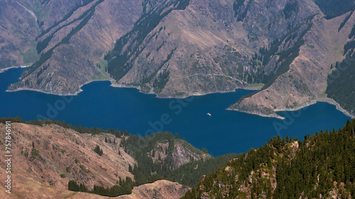 High angle view of Heaven Lake, Tianchi Geopark, Tianshan Mountains, Xinjiang China.