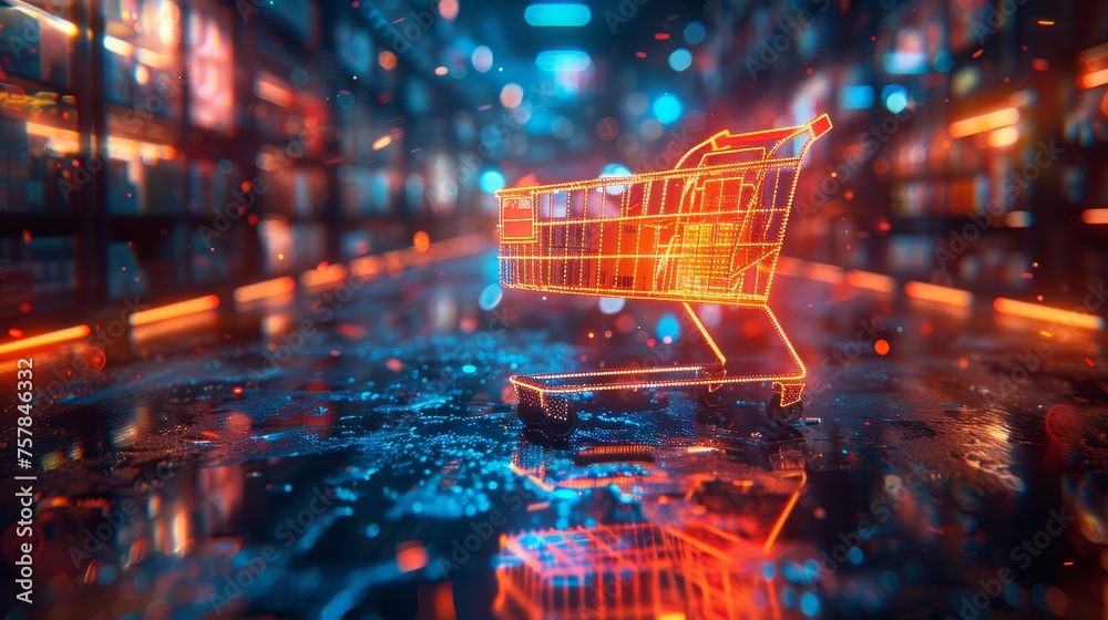Digital online store in futuristic luminous style. Retail innovation concept. Neon shopping cart, technology concept for logistics or supermarkets.