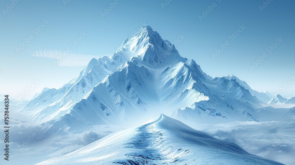 A digital illustration of a path to the top of the mountain in a futuristic style on a blue background.
