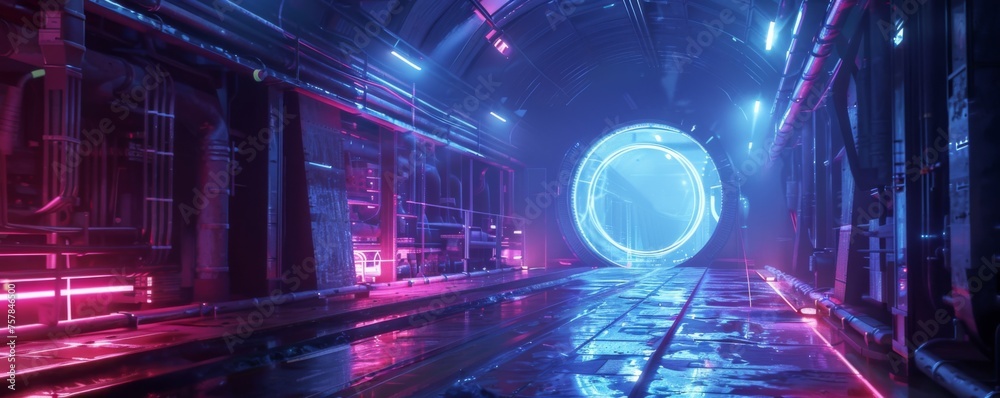 Neon-lit interdimensional gateway in a high-tech secret laboratory with futuristic architecture - obrazy, fototapety, plakaty 