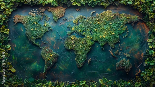 Earth day poster. Green leaves and branches making up the map of the world. Think Green. Ecology Concept. Top view. Flat lay.