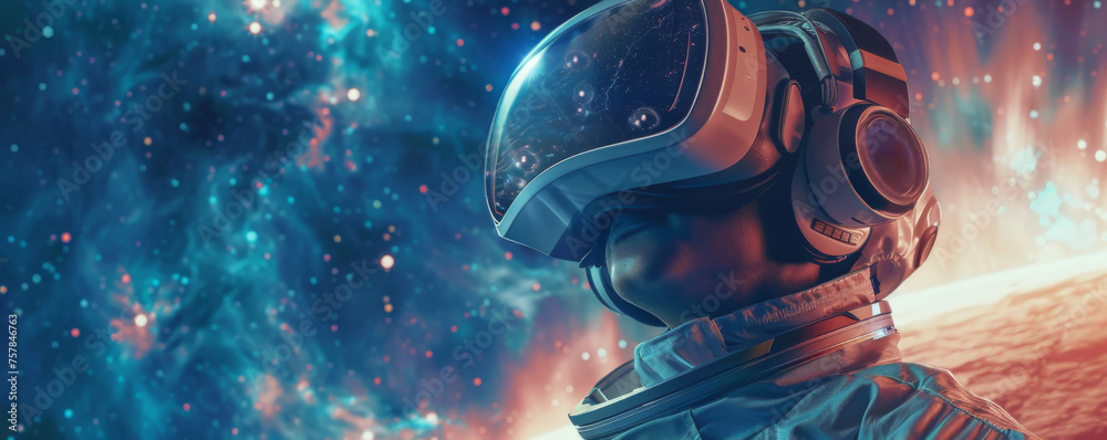 Close-Up of Astronaut in Advanced Space Helmet against Starfield - obrazy, fototapety, plakaty 