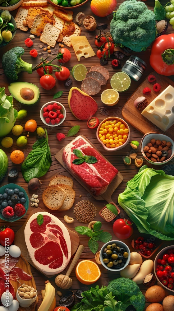 Top view of assorted food varieties laid out on a table