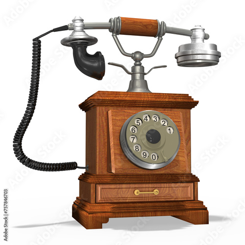 3d nostalgisches, altes Telefon in Holzoptik mit Sprechmuschel und Wählscheibe mit transparenten Hintergrund, freigestellt