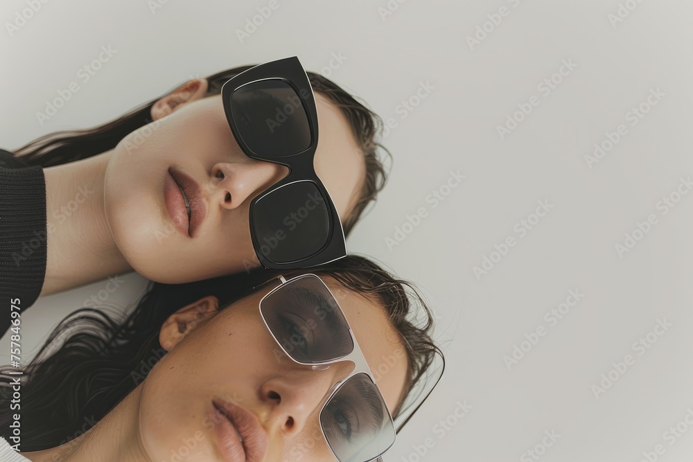 Naklejka premium Two pretty women in dark sunglasses lie on a white background posing for a photo shoot, and the fashion shoot features close-up shots, eyewear models, and eyewear commercials