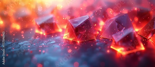 An abstract futuristic technology background with 3D objects in space and neon glowing geometric shapes. This banner is in a modern, abstract style.