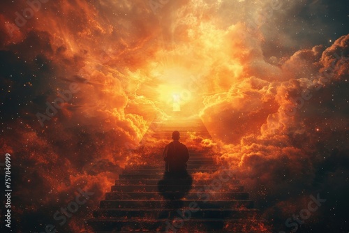 A man is walking up a set of stairs in a fiery sky