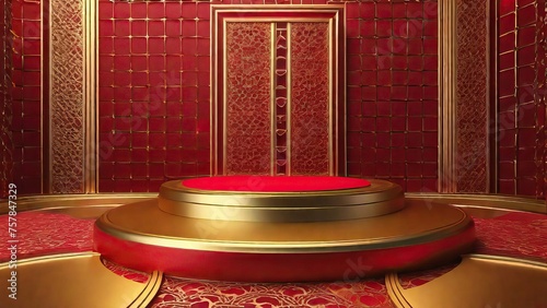 Empty 3D podium round stage with islamic ornament and red background for ramadan kareem, eid mubarak, iftar, muharram. 
