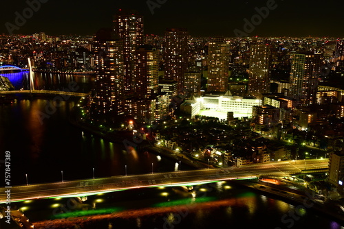 Tokyo at night scityscape from skyscraper river bridges