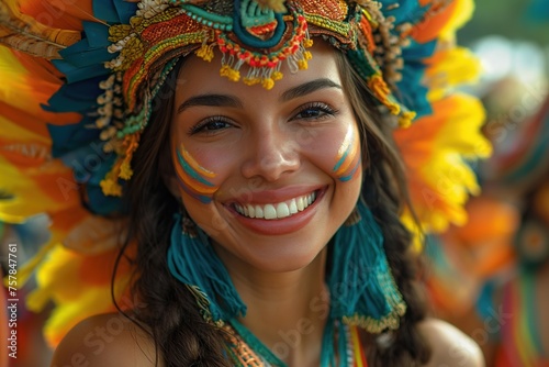 Woman Smiling in Colorful Headdress