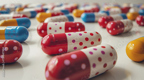 Polka-dot tablets on a white background. Painkiller medicine. Pharmaceutical industry. Pharmacy drugstore background. Pharmacy products. Global healthcare