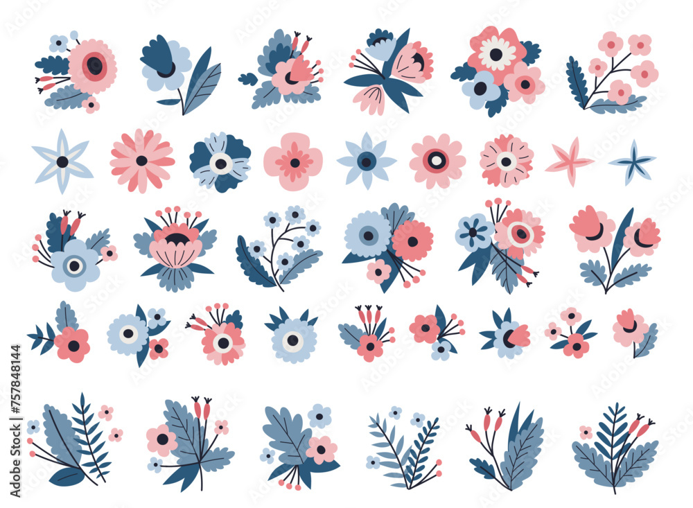 Beautiful spring romantic flowers collection with leaves, flower bouquets, flower arrangements. Collection for the spring holiday. Icons isolated on white background. Red, pink, blue color Beautiful spring romantic flowers collection with leaves, flower bouquets, flower arrangements. Collection for the spring holiday. Icons isolated on white background. Red, pink, blue color