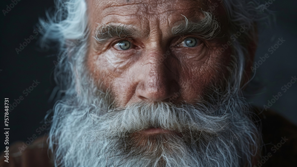 Intense gaze of a man with a white beard exuding raw character. Intense gaze of a man with a white beard exuding raw character.