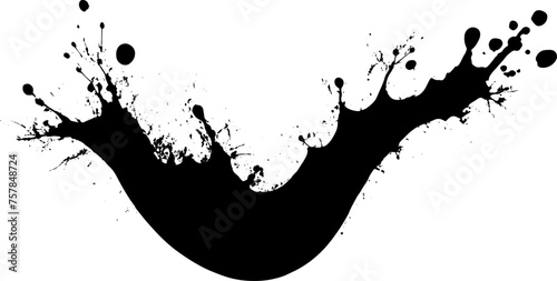 black paint splash, drop and spray droplet, side  view. Crude oil. Isolated on a transparent background. PNG cutout or clipping path.	
