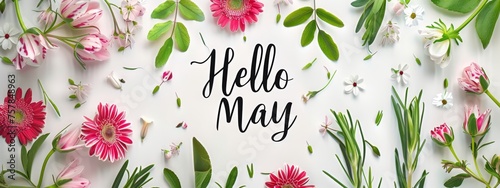 Abstract background with watercolor colorful splashes and flowers. Hello May handwritten modern calligraphy lettering. Spring concept background.