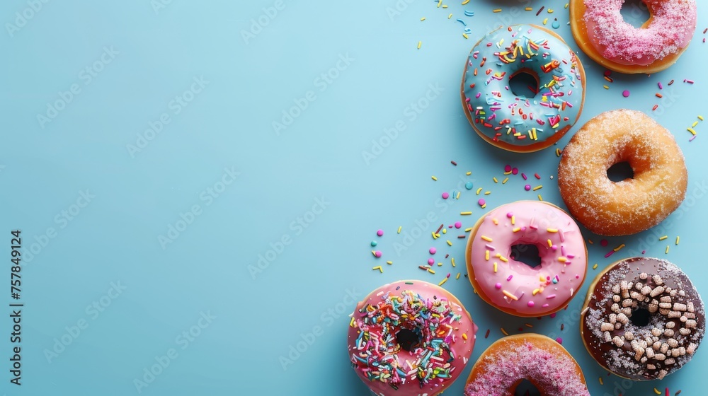 Group of frosted donuts isolated on blue background. Frosting, glazed, sprinkled donuts. Sweet treats. Room for copy space.