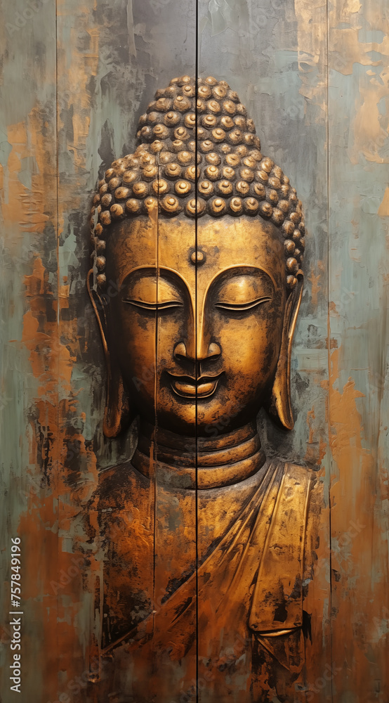 Buddha oil painting on wooden background.