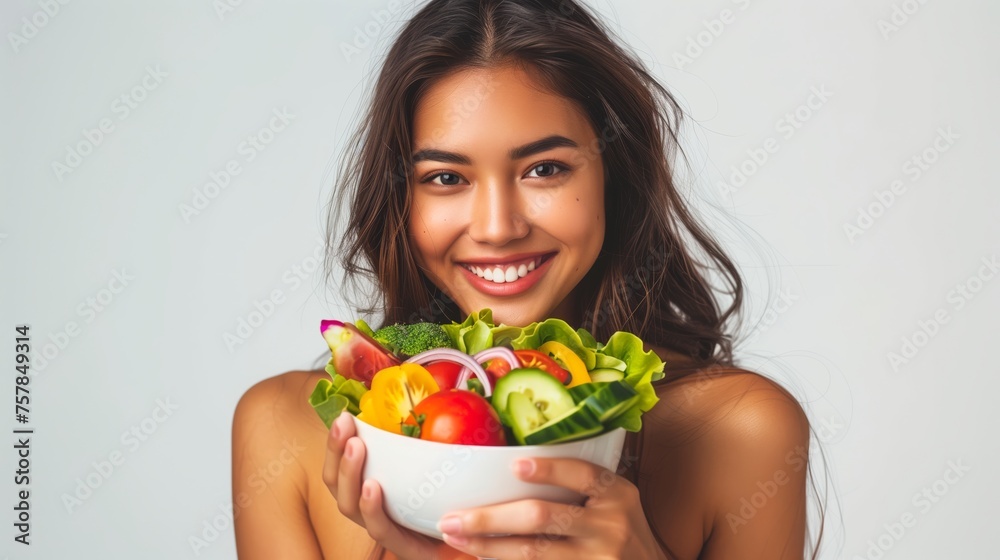 a woman is holding a salad bowl and smiles. healthy eating and diet concept. a woman is holding a salad bowl and smiles. healthy eating and diet concept.