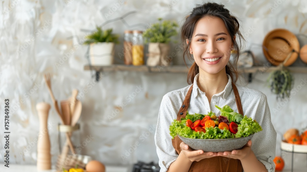 a woman is holding a salad bowl and smiles. healthy eating and diet concept.