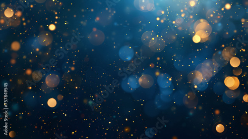 Abstract background of festive golden bokeh lights shimmering in the darkness.