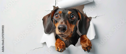 A happy cute dachshund dog rips a round hole through a white paper wall and peeps through the hole. Focus on the eyes of the dog.