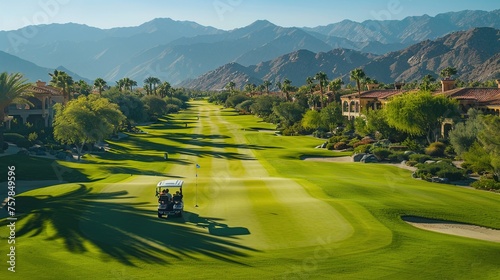 A day at a resort golf course, nice weather, beautiful course layout. Golf cart in front, golfers walking to the green