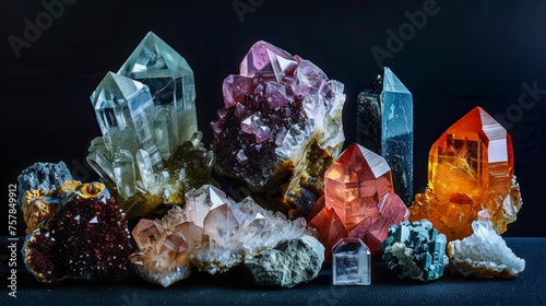 A striking array of raw minerals exhibiting a spectrum of textures, colors, and crystal formations photo