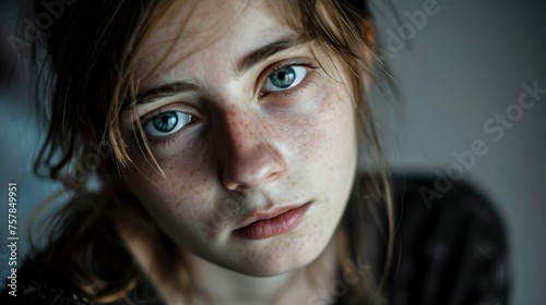 Intimate and emotional close-up of a troubled young girl with searching green eyes and freckles