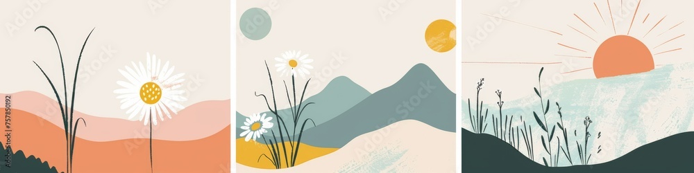 Abstract serene illustration featuring layered mountains with a warm sun and blooming flowers in a calming color palette, invoking a sense of peace and nature's beauty. Great as banner design. - obrazy, fototapety, plakaty 